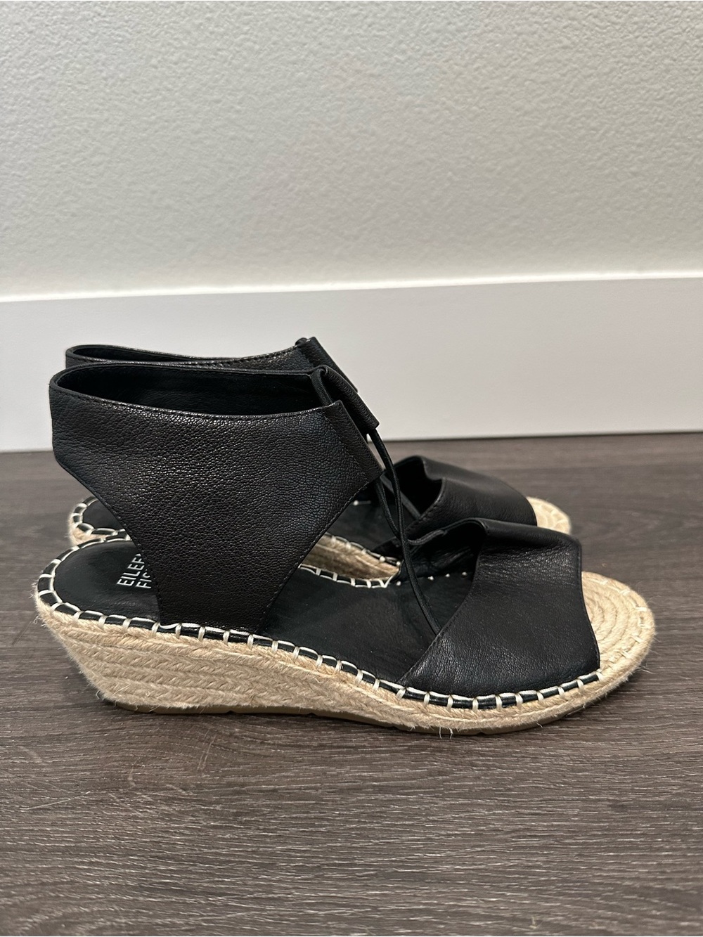 Eileen Fisher size 7.5, Black Espadrille Wedge Sandals,Agnes Suede,quiet luxury